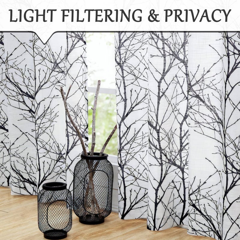 FMFUNCTEX Linen Semi Sheer Curtains for Bedroom, Black White Curtains 72 Inches Long for Living Room, Grey Tree Branch Patterned Curtain Light Filtering Farmhouse Window Drapes, Grommet Top 2 Panels - Image 3
